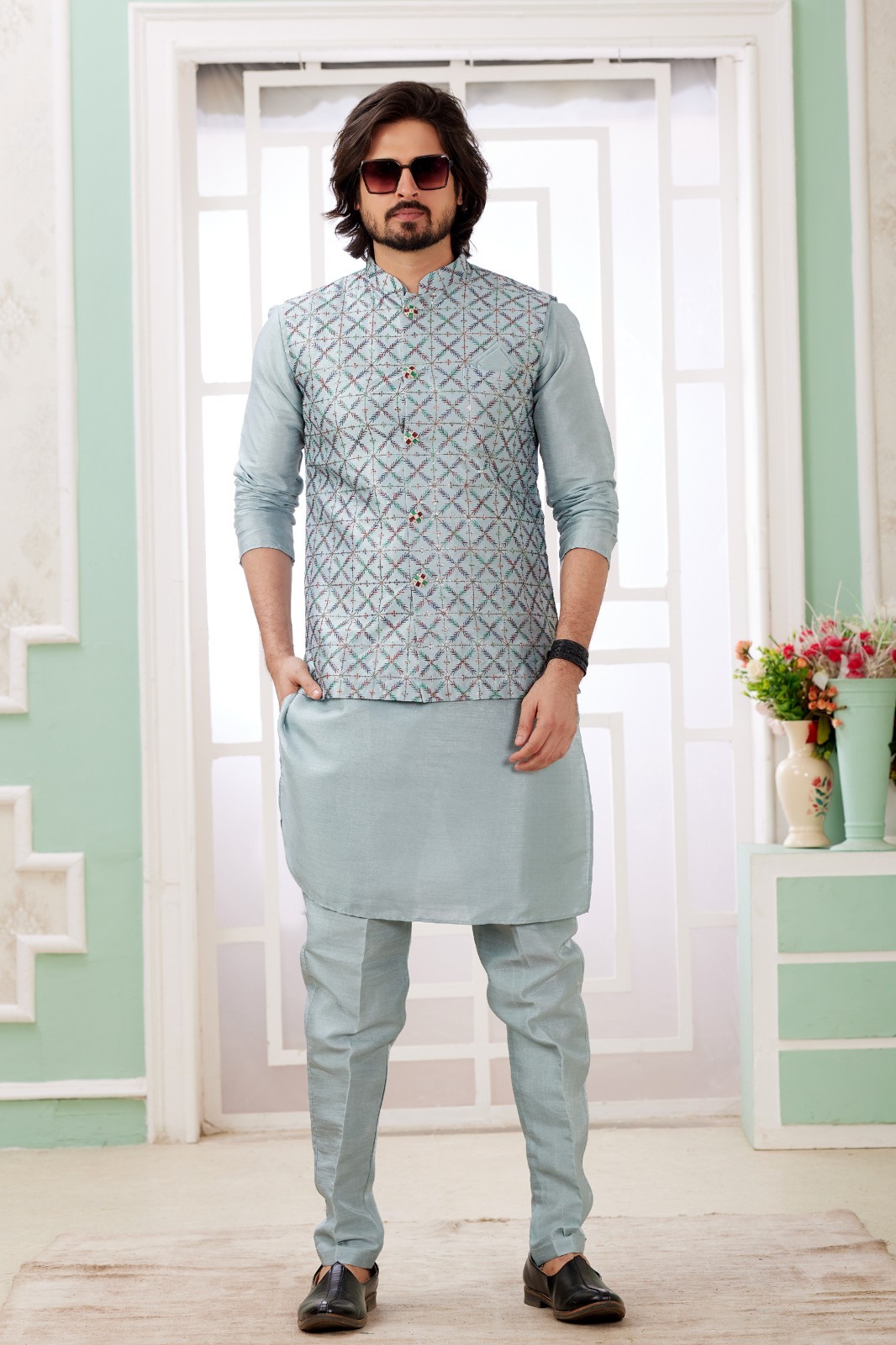 3 Pc Indian Mens Designer Wedding Bollywood Party Wear Traditional Kurta Payjama