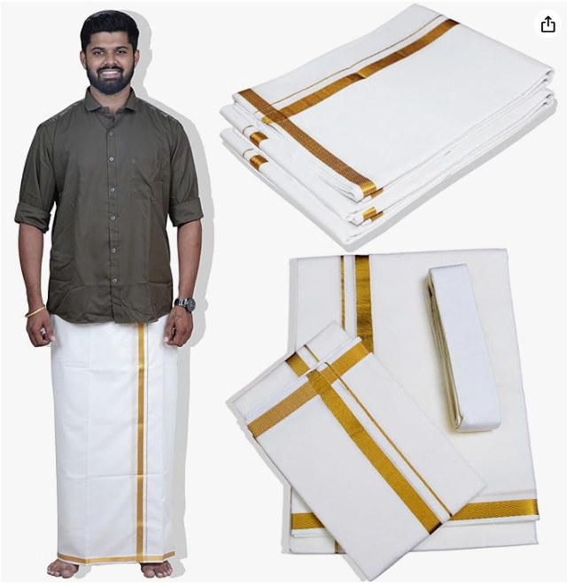 Mens Cream Cotton Indian Dhoti Veshti Mundu Set – Jari Border, Belt, Angavastram