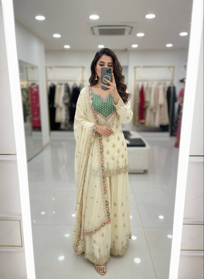 Fancy Designer Chinon Silk Off White Top Palazzo With Dupatta For Wedding Wear