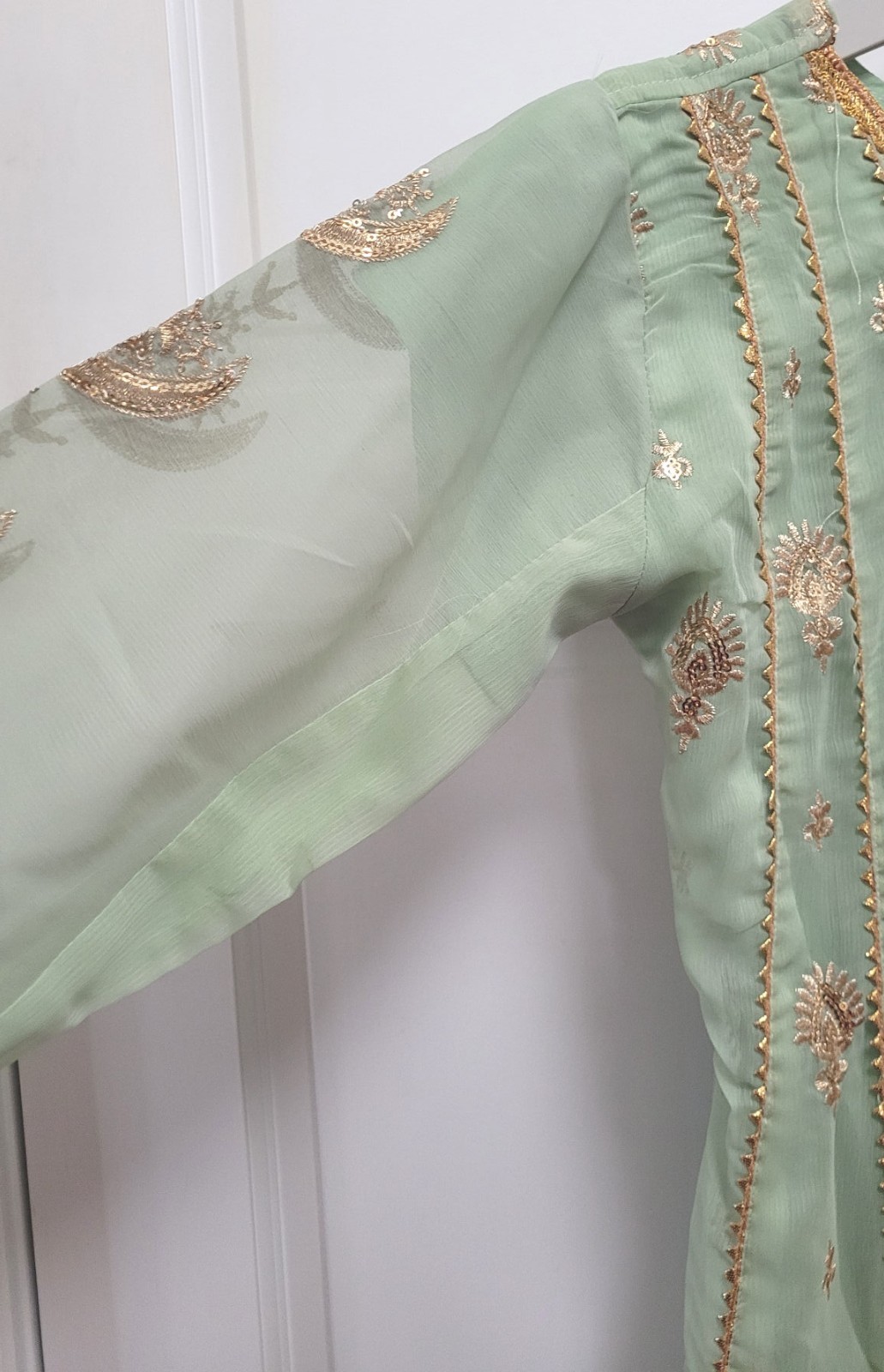 3pc Embroidered Sequin Cotton Chiffon Salwar Kameez & Dupatta – Mint Green – S