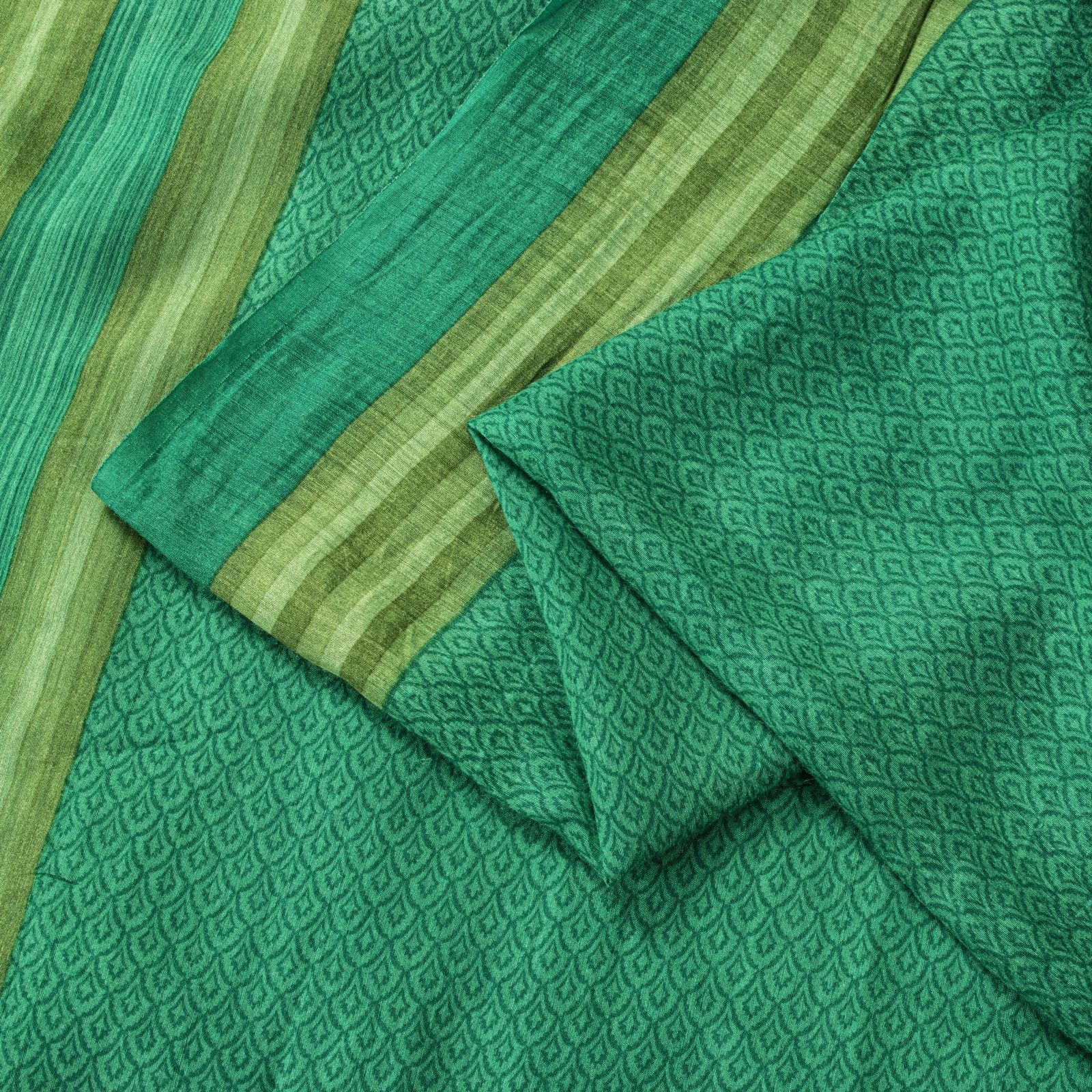Sanskriti Vintage Saree Green Soft Pure Woolen Floral Printed Sari 5.5+Yd Fabric