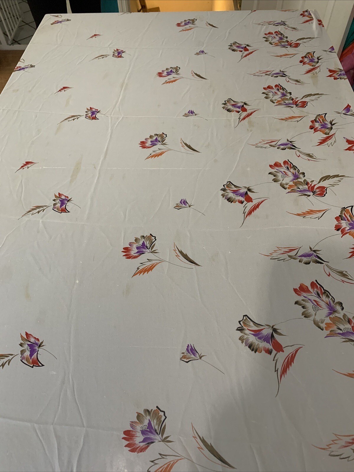 Vintage Floral Sari Fabric White W/ Multi Color Flowers 6 Yds. Royal Ruby Japan