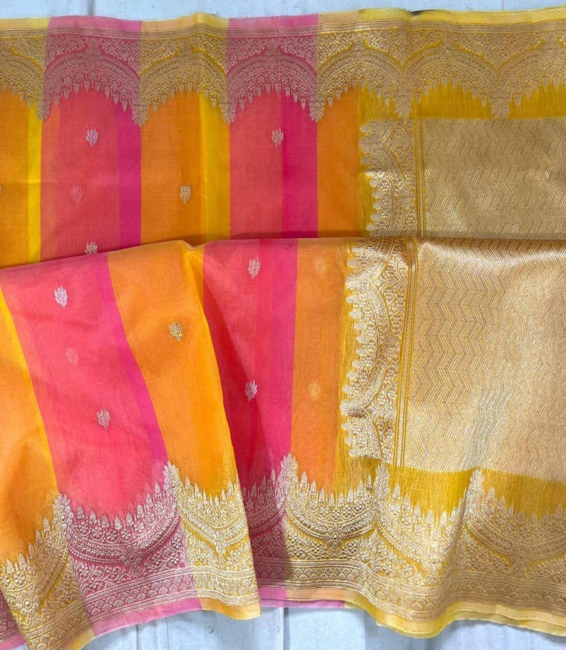 Banarasi Kora Organza Saree: Yellow Pink Dual Tone, Golden Zari