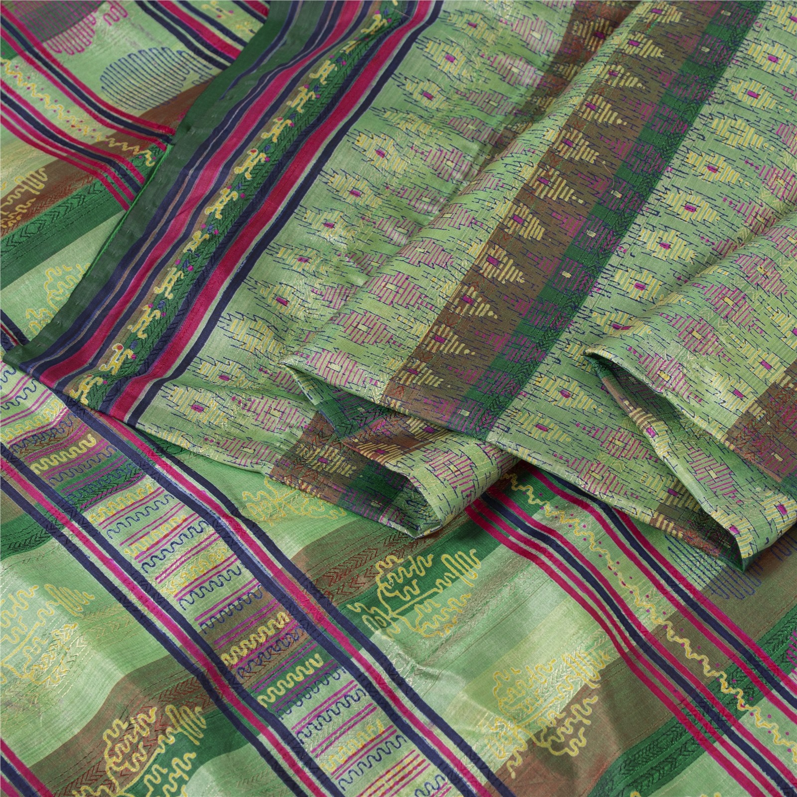 Sanskriti Vintage Sarees Green Pure Silk Block Printed & Woven Sari 5+Yd Fabric