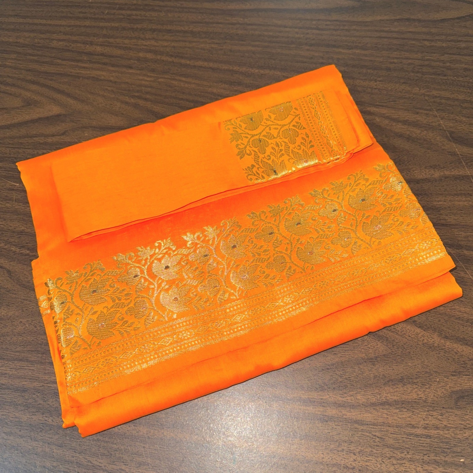 NEW Indian Womens Brocade ART/Artificial Silk Sari SAREE Light Orange w/Blouse
