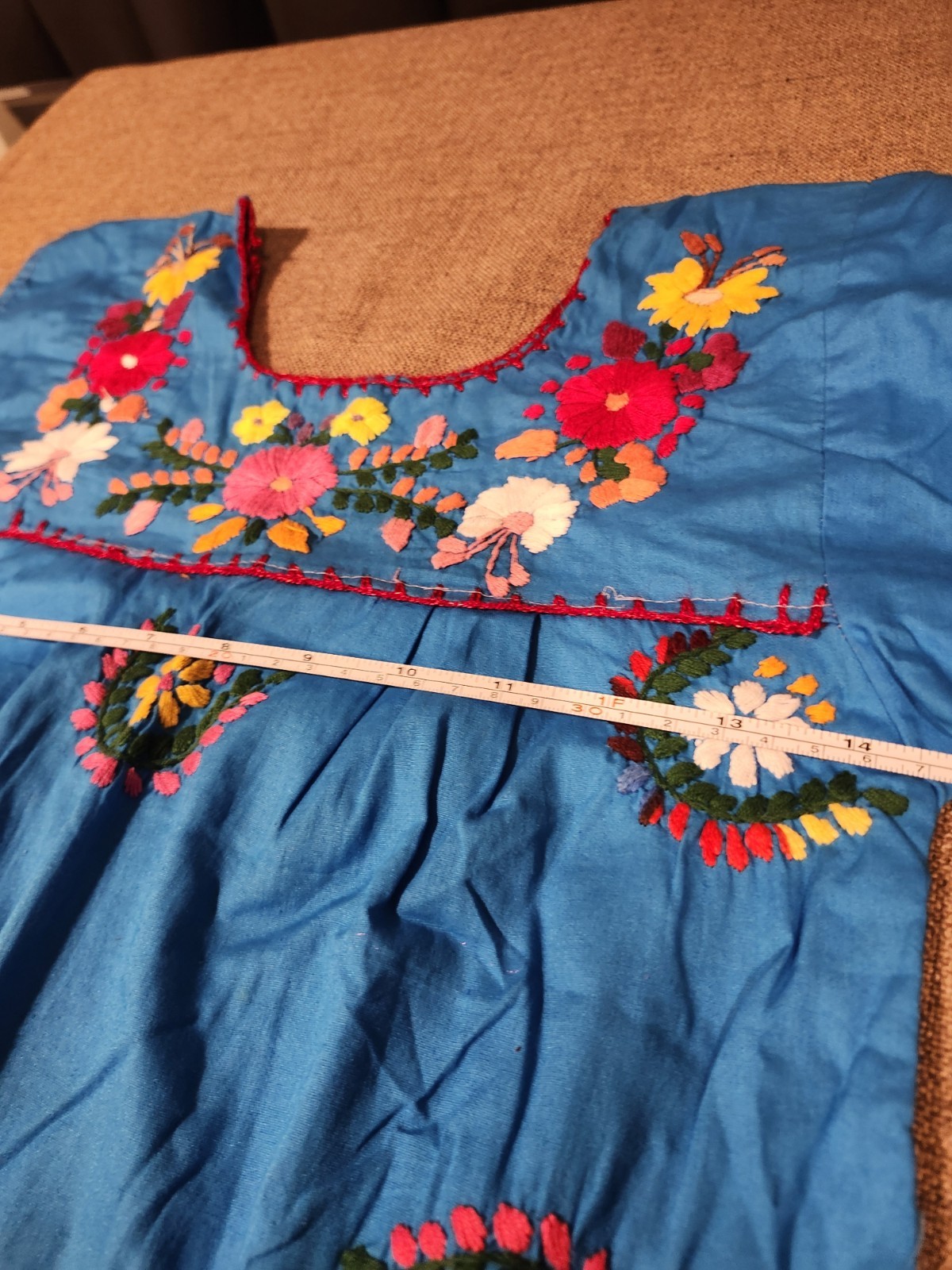 Girls Blue Mexican Huipil Artesanal Floral Embroidery Cotton One Size