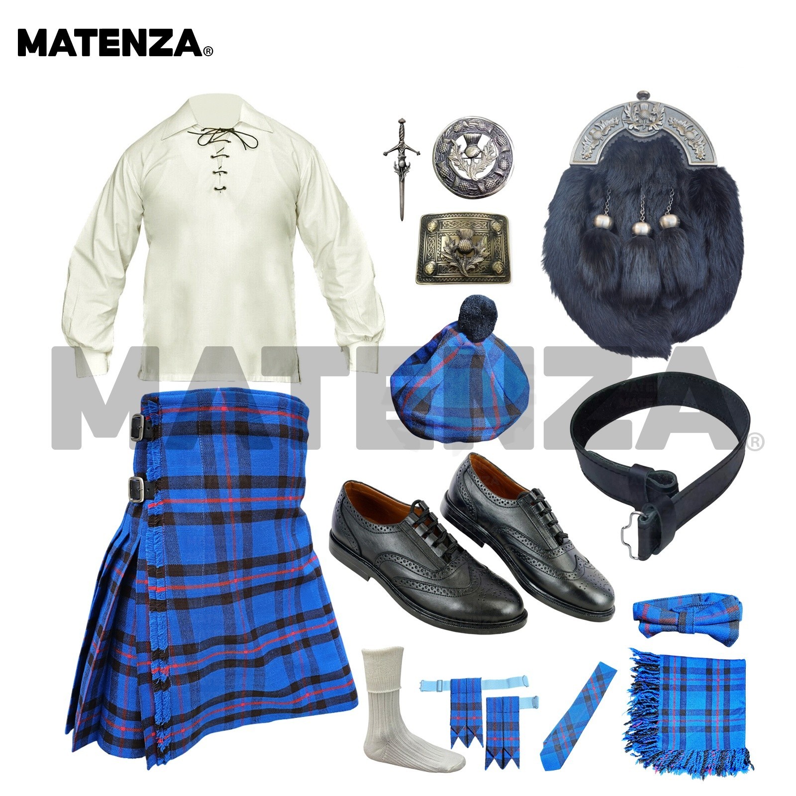 Elliot Modern Tartan 14pc Scottish Kilt Outfit Set 5 Yard Highland Wear