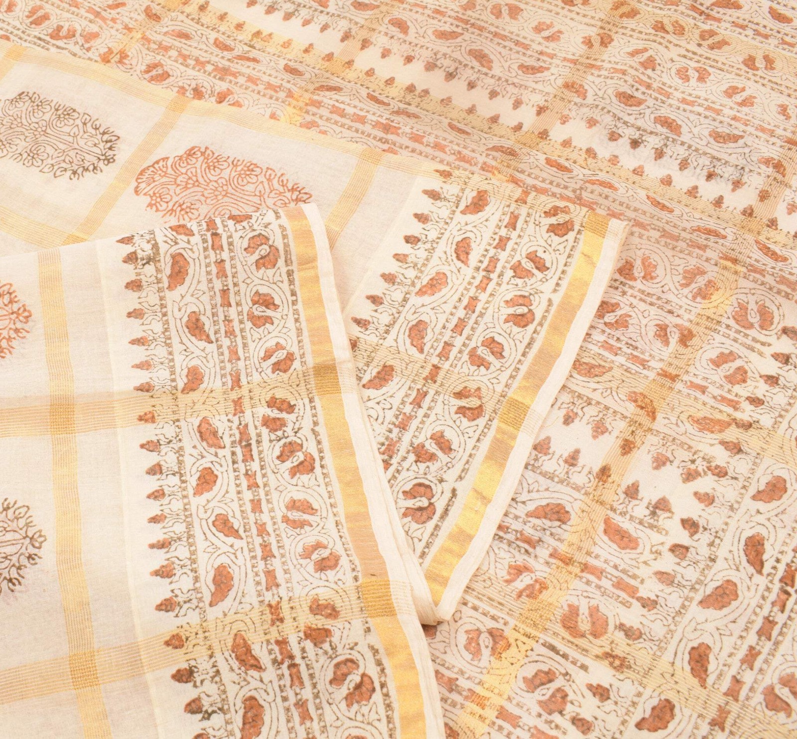 Sushila Vintage Cream Pure Cotton Saree HandBlock Print & Zari Woven Sari Fabric