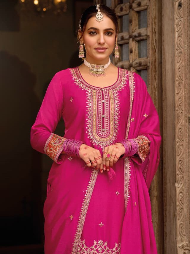 Designer Chinon Embroidered Suit – Top, Dupatta & Farshi | Festive Wear | suit