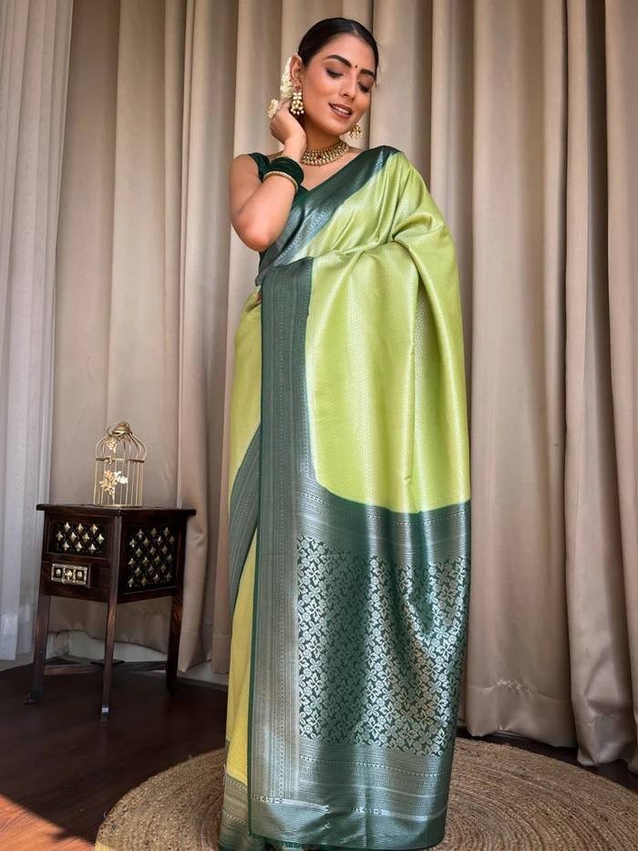 Indian Saree Soft Lichi Silk Green Jacquard Wedding Wear With Brocade Blouse
