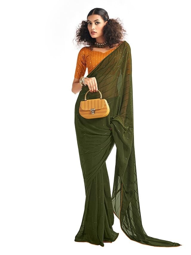 Georgette Sequence Work & Piping Border Saree with Unstitched Blouse Piece