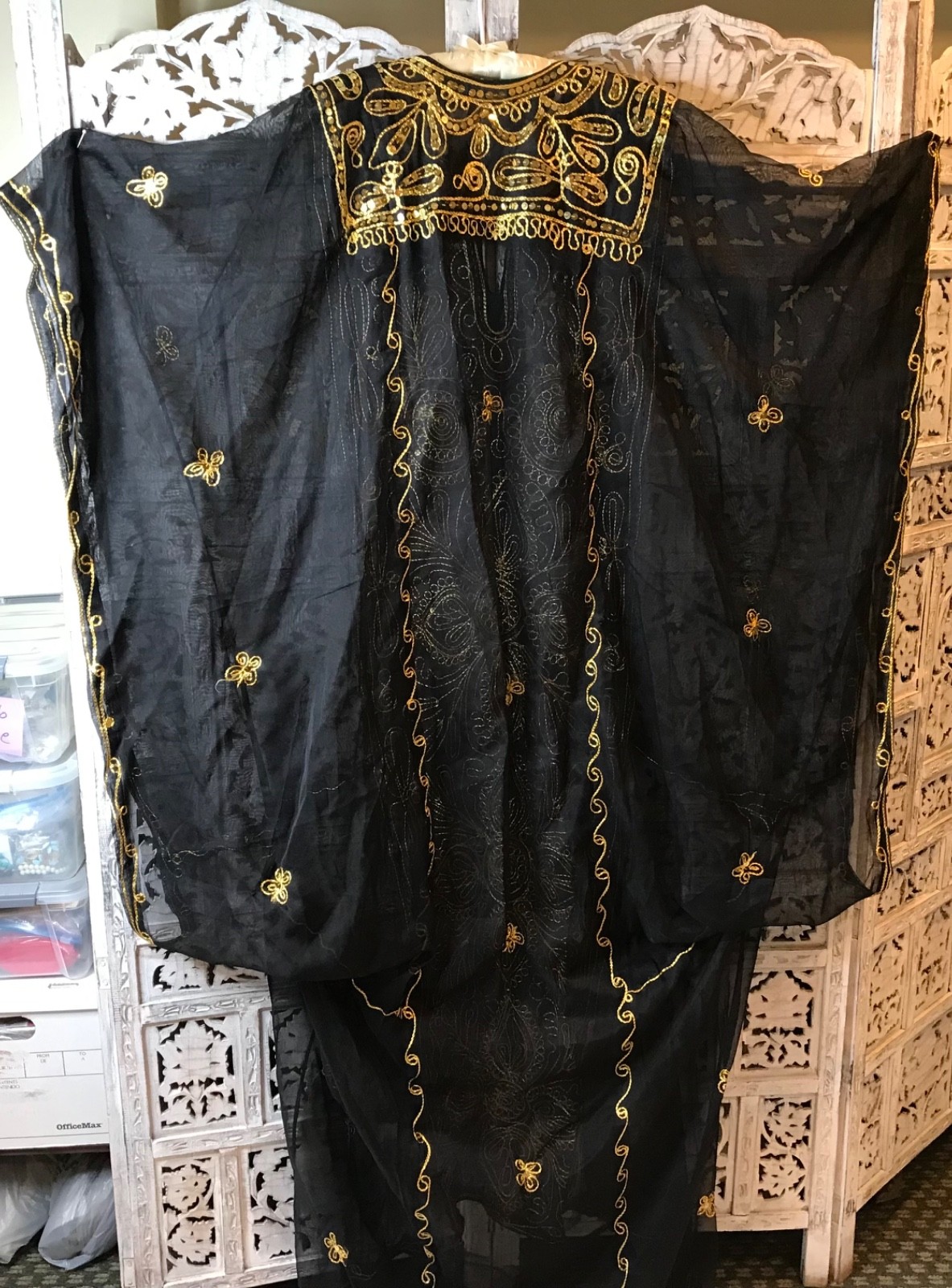 Kalieji caftan abaya belly dance dress black chiffon gold tone sequins