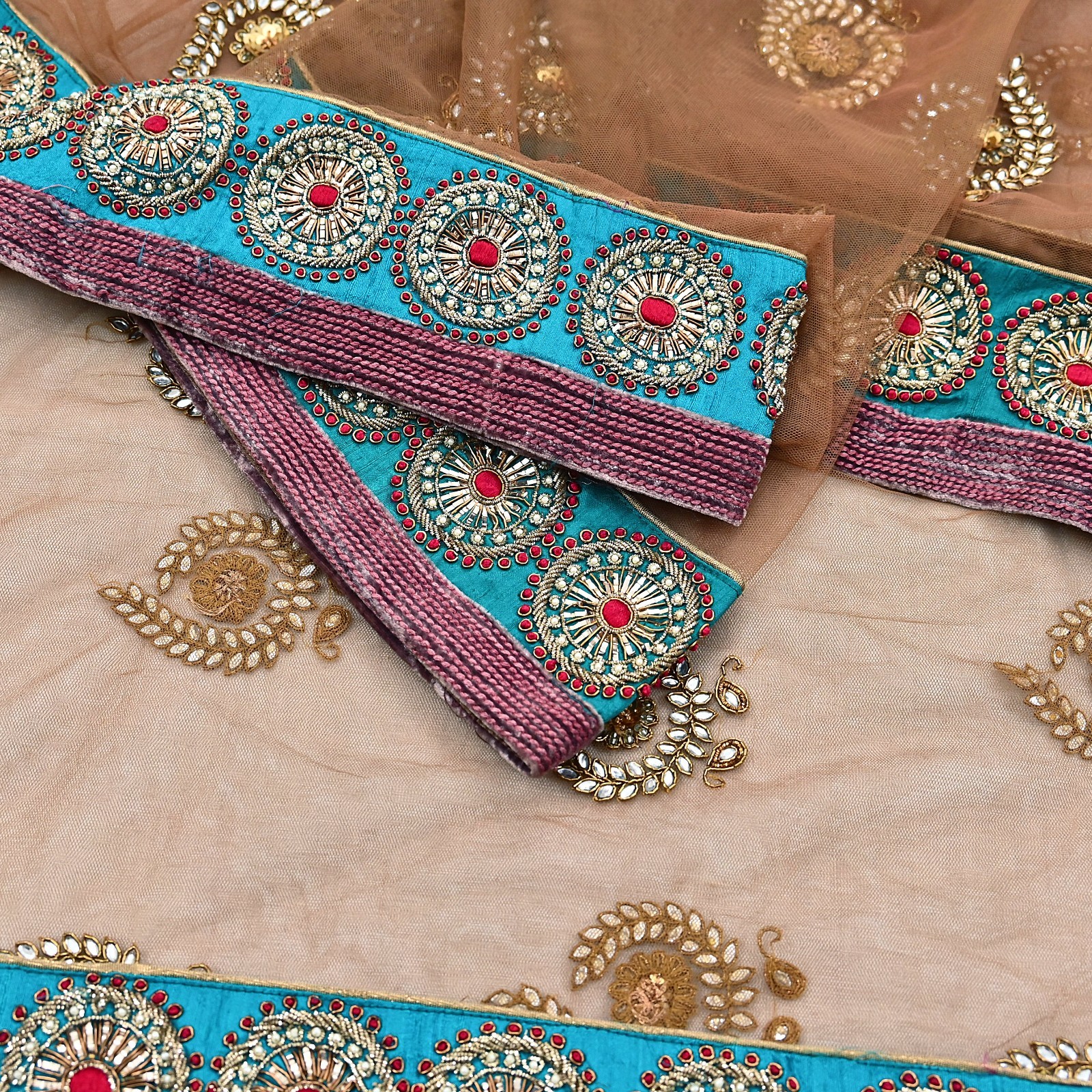 Indian Vintage Heavy Brown Net/Mesh Hand Embroidered Designer Dupatta
