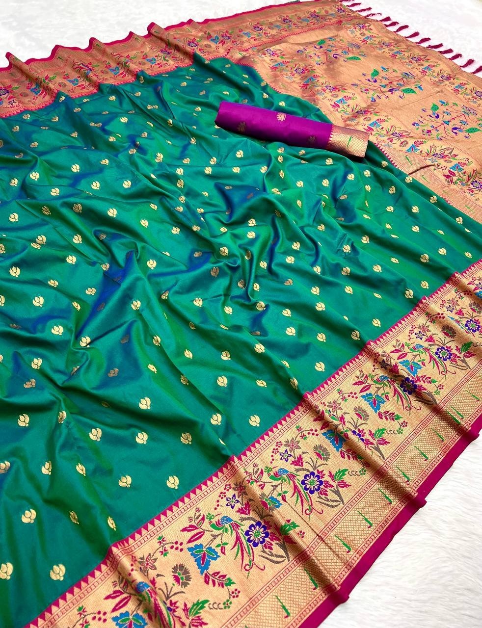 Designer Paithani Silk Saree With Rich Pallu & Zari Border Indian Wedding Ethnic