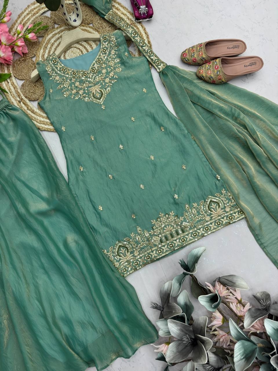 Eid Reception Party Wear Fandy Silk Sharara Plazzo Suit