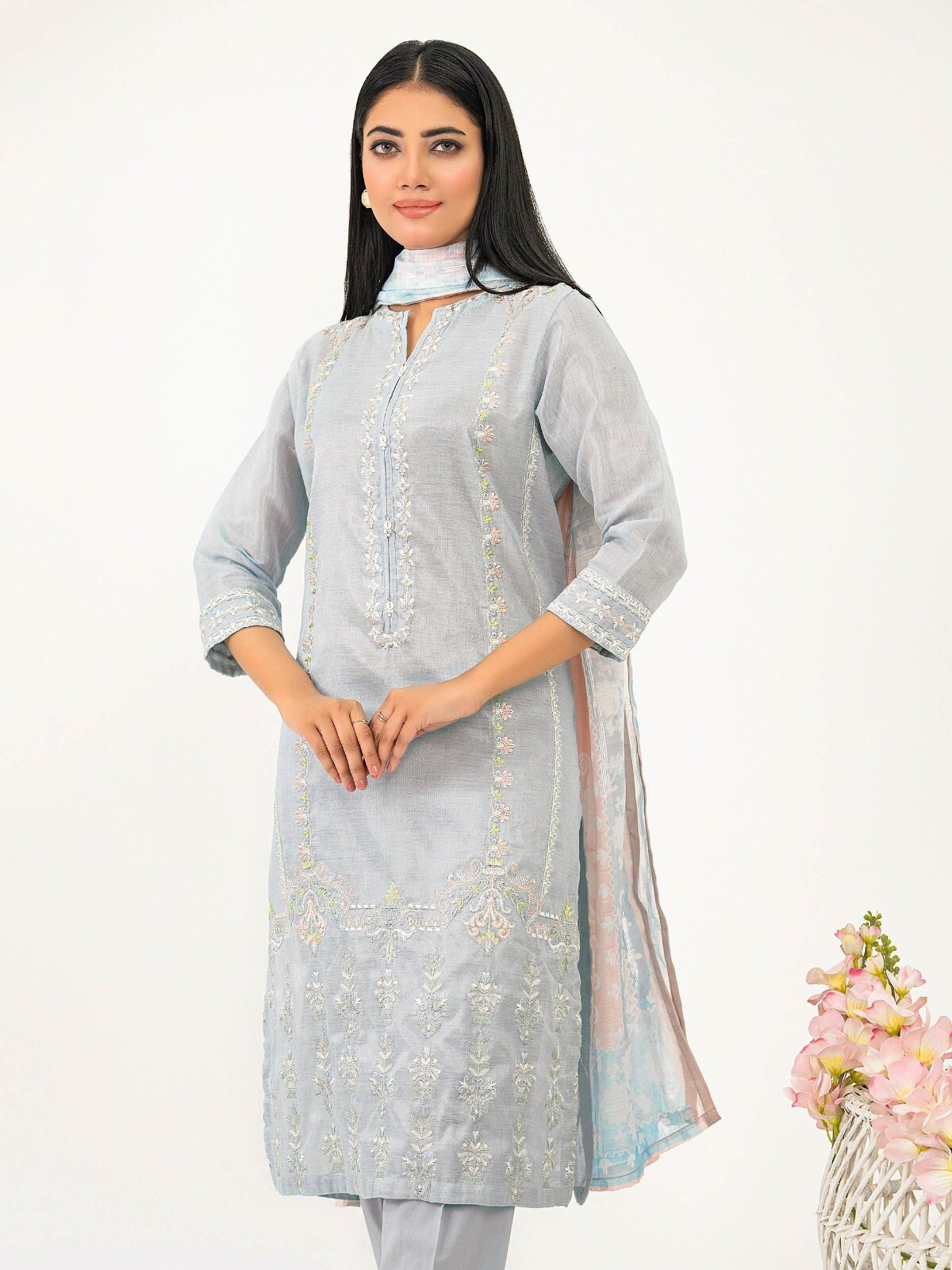 Pakistani stitched embroidered 3pc shalwar kamez cotton mysuri light gray color