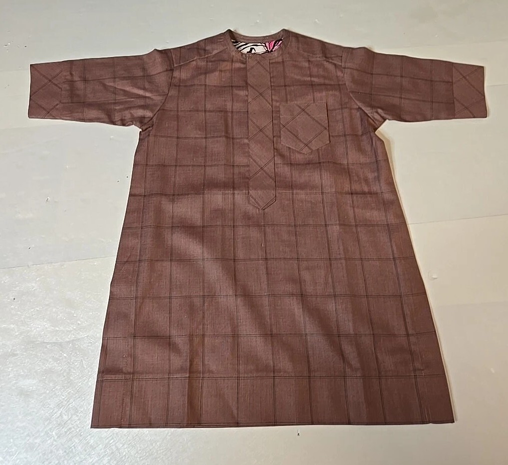 Sz Medium Kurta Tunic Top Brown Plaid Youth Boy’s NEW