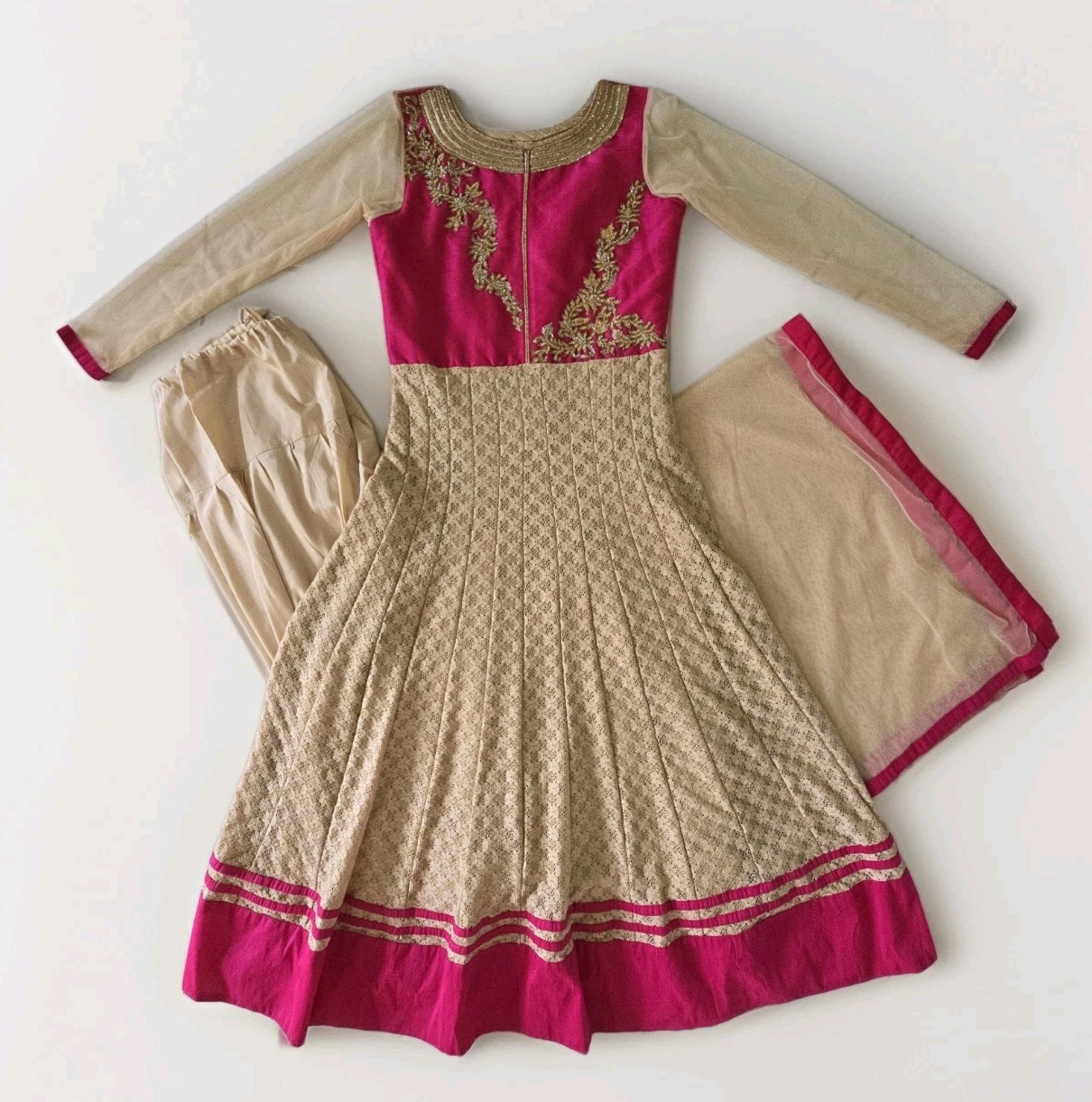 3 piece size small S pink beige anarkali salwar kameez gold work