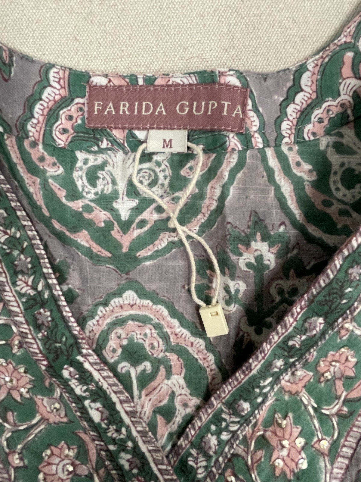Farida Gupta Medium Designer Block Print Long Kurta Dress Tunic Kurti New Tag