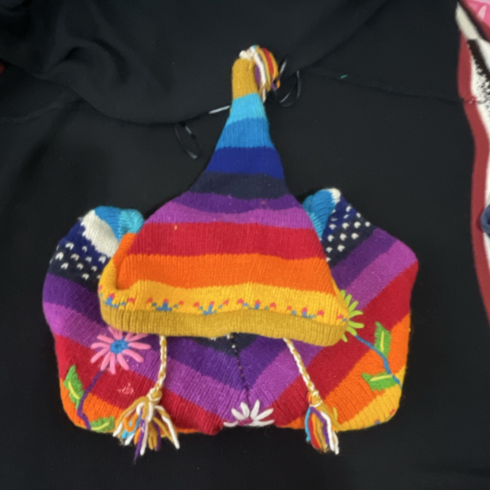 Handmade Multicolor Knitted Poncho with Hood Fringe Floral Motif for kids
