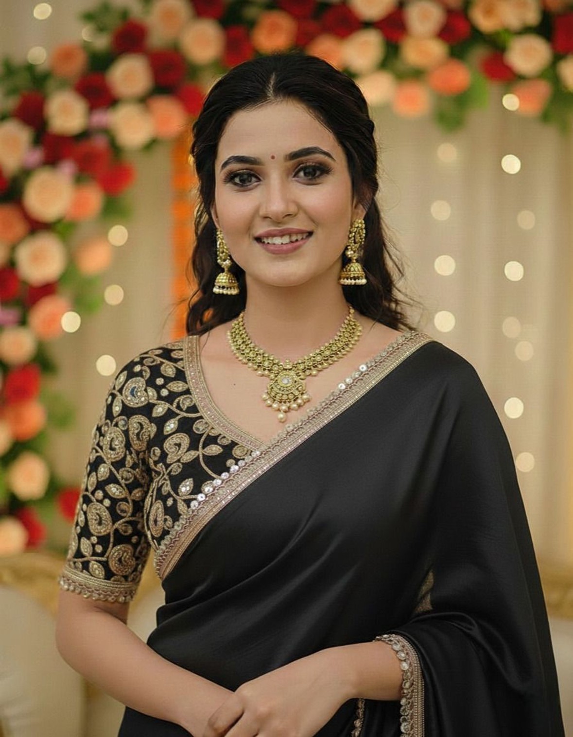 Embroidered Satin, Silk Blend Saree With Stitched Blouse (black)