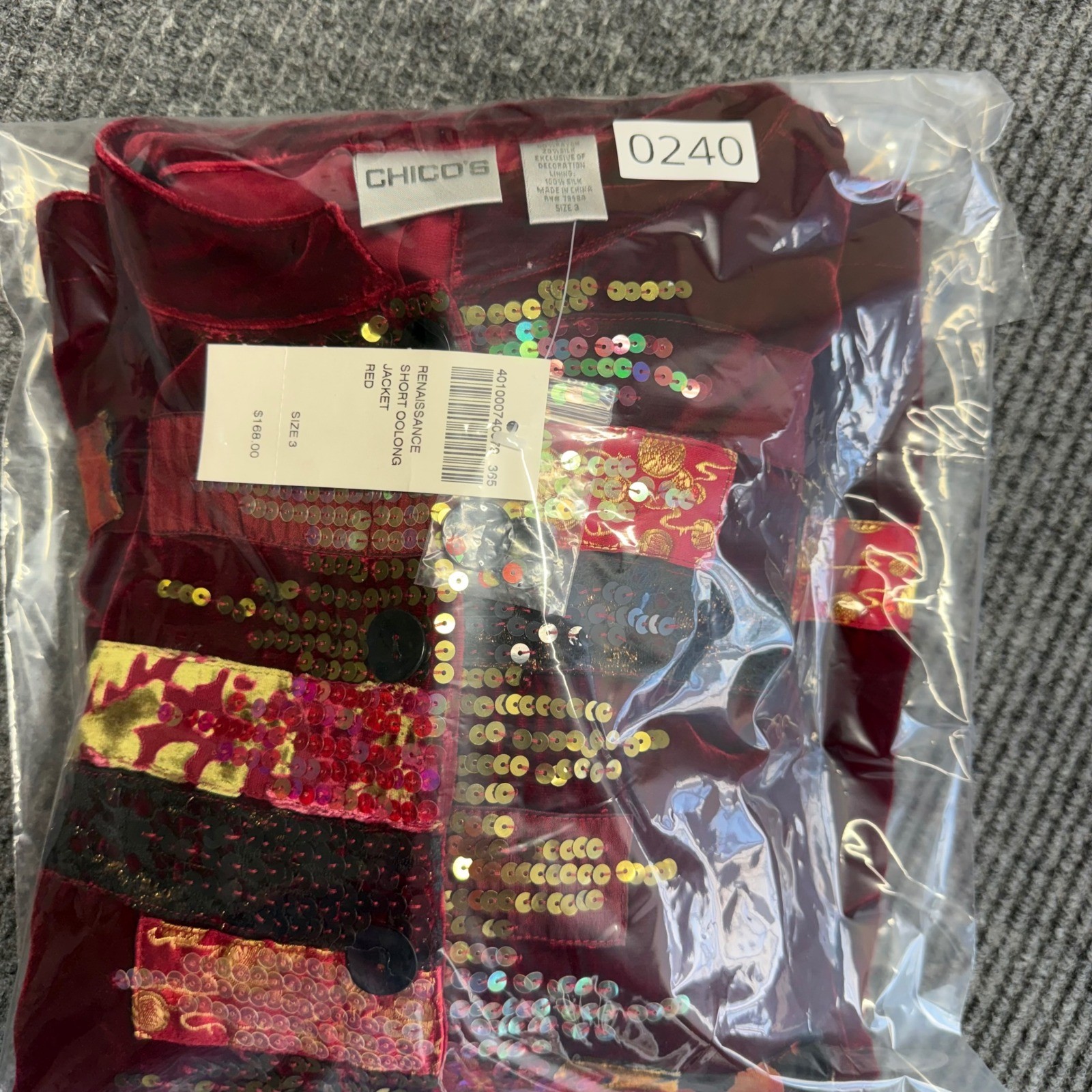 NWT Chico’s Renaissance Silk Sequin Patchwork Jacket Red Sz 3 XL Oolong