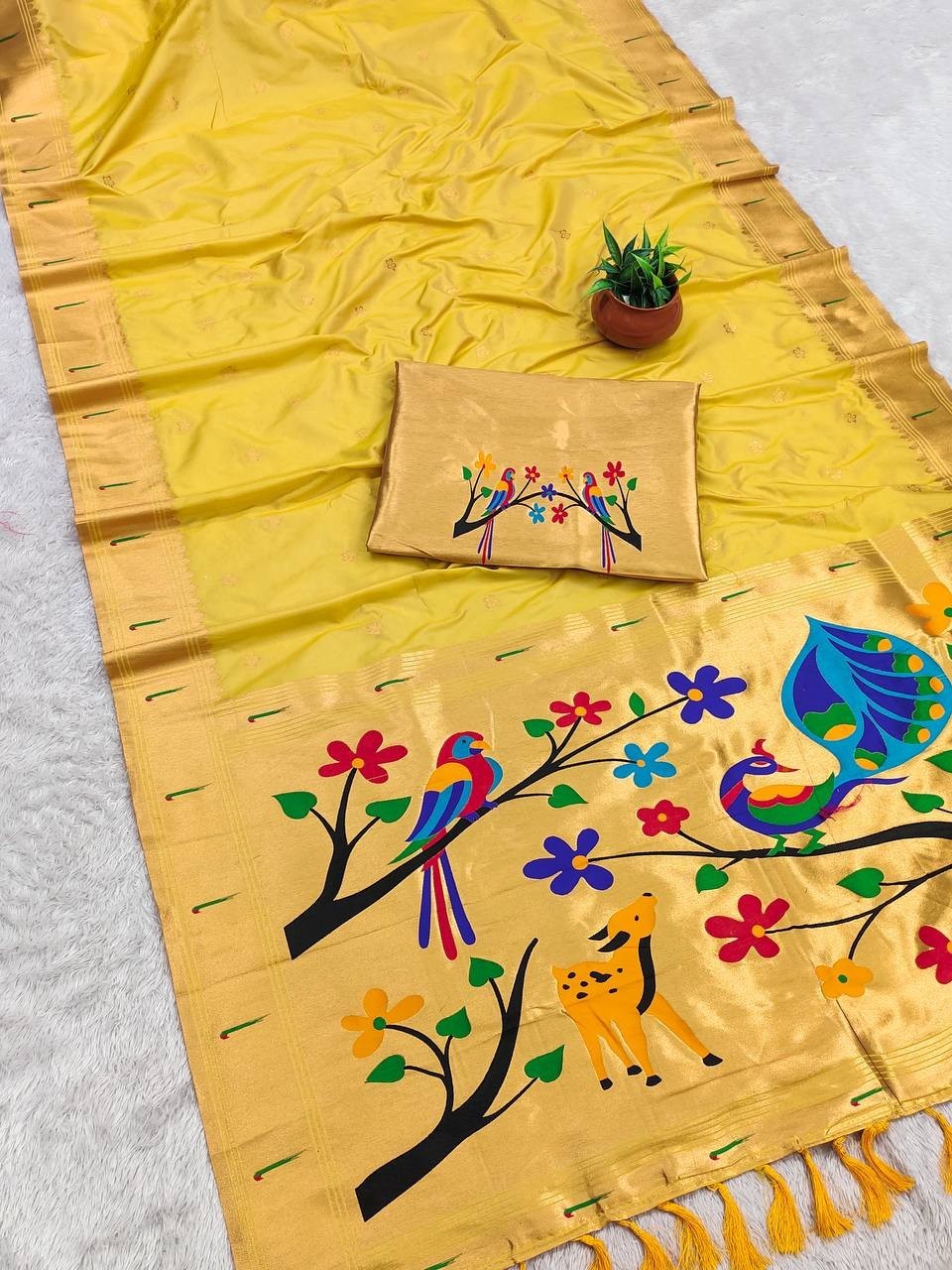Indian Designer Yellow-Gold Wedding Silk Saree With Blouse For Reception & Party