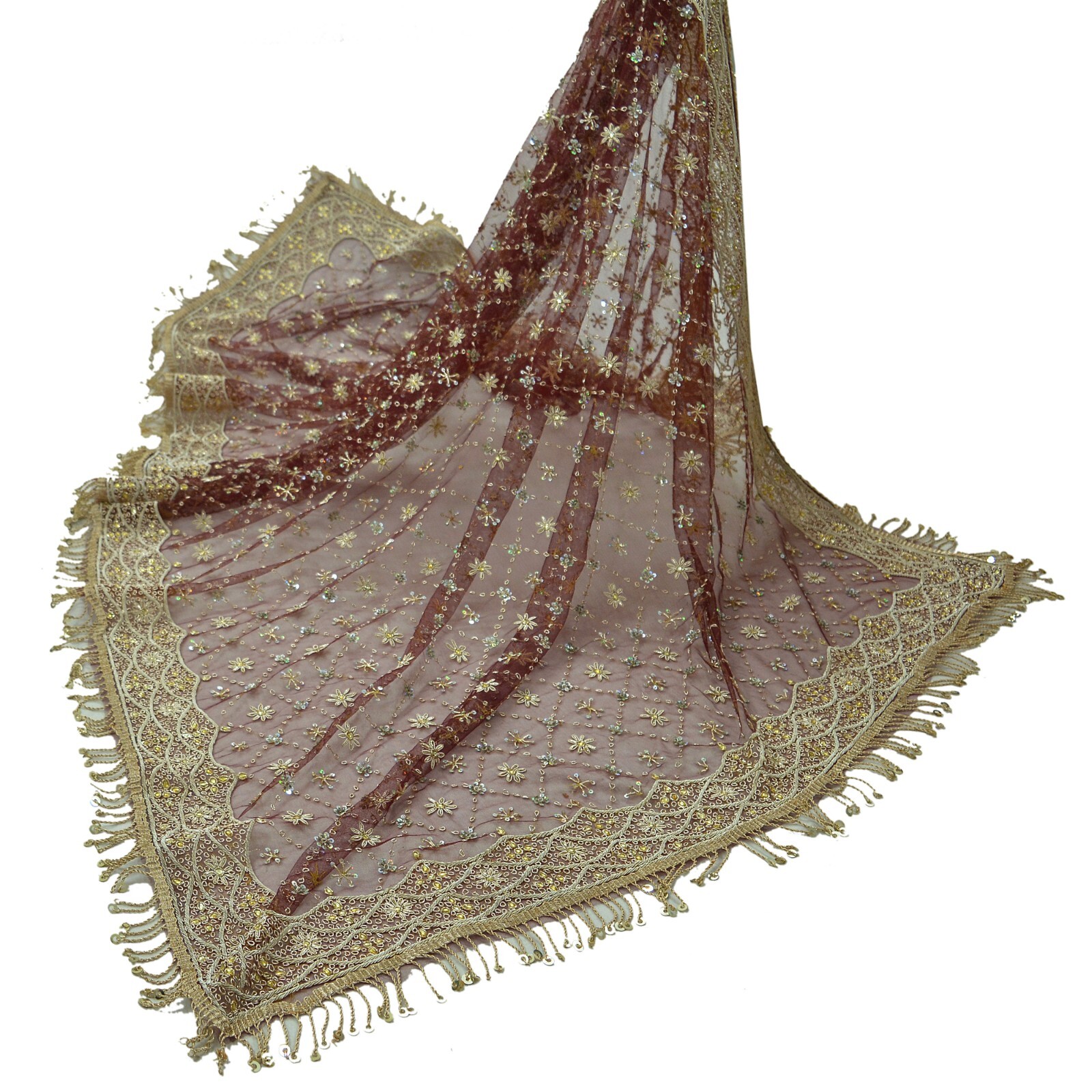 Indian Vintage Heavy Maroon Dupatta Net Mesh Long Stole Hand Embroidered Scarves