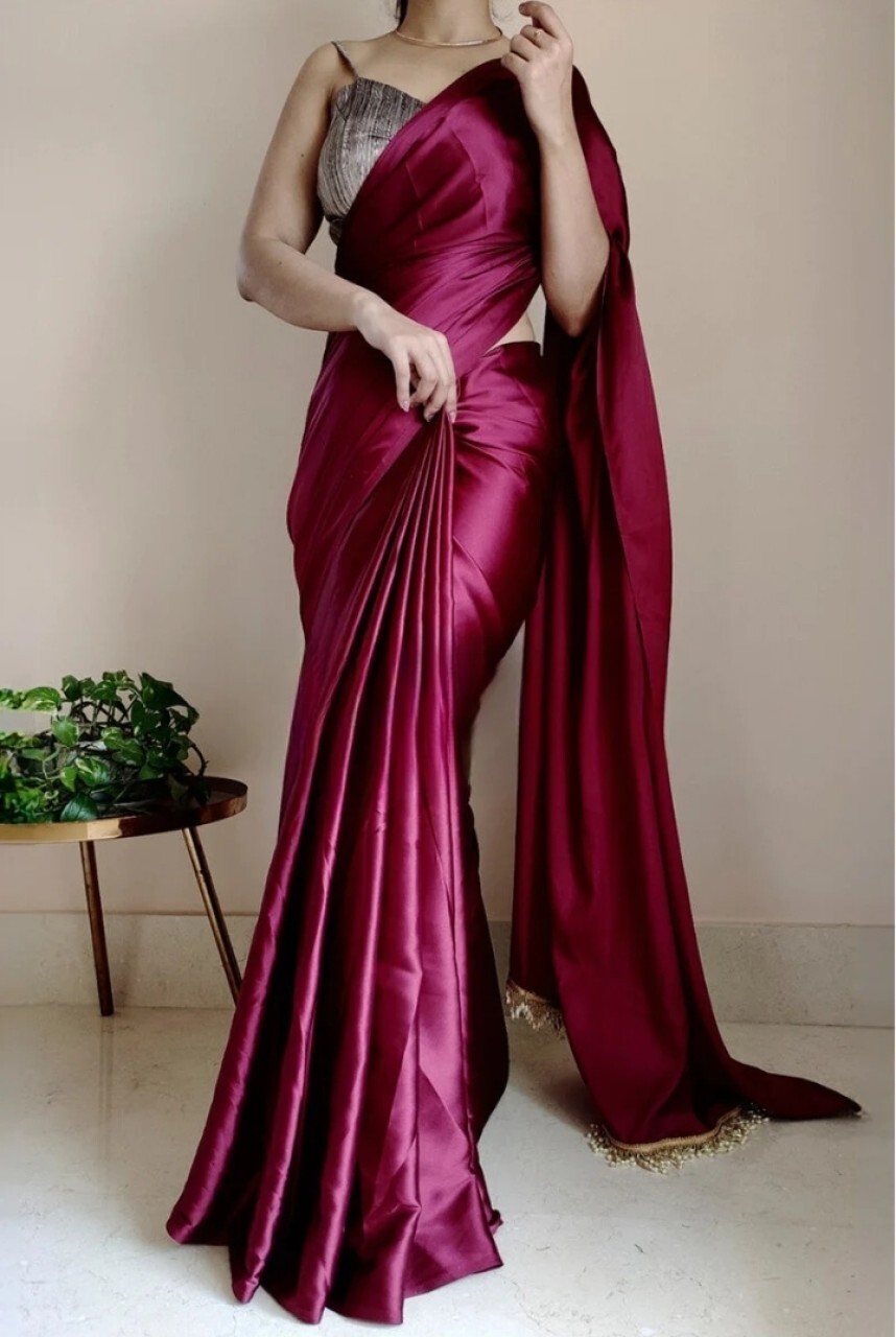 Solid/Plain Bollywood Satin, Silk Blend Saree (wine)