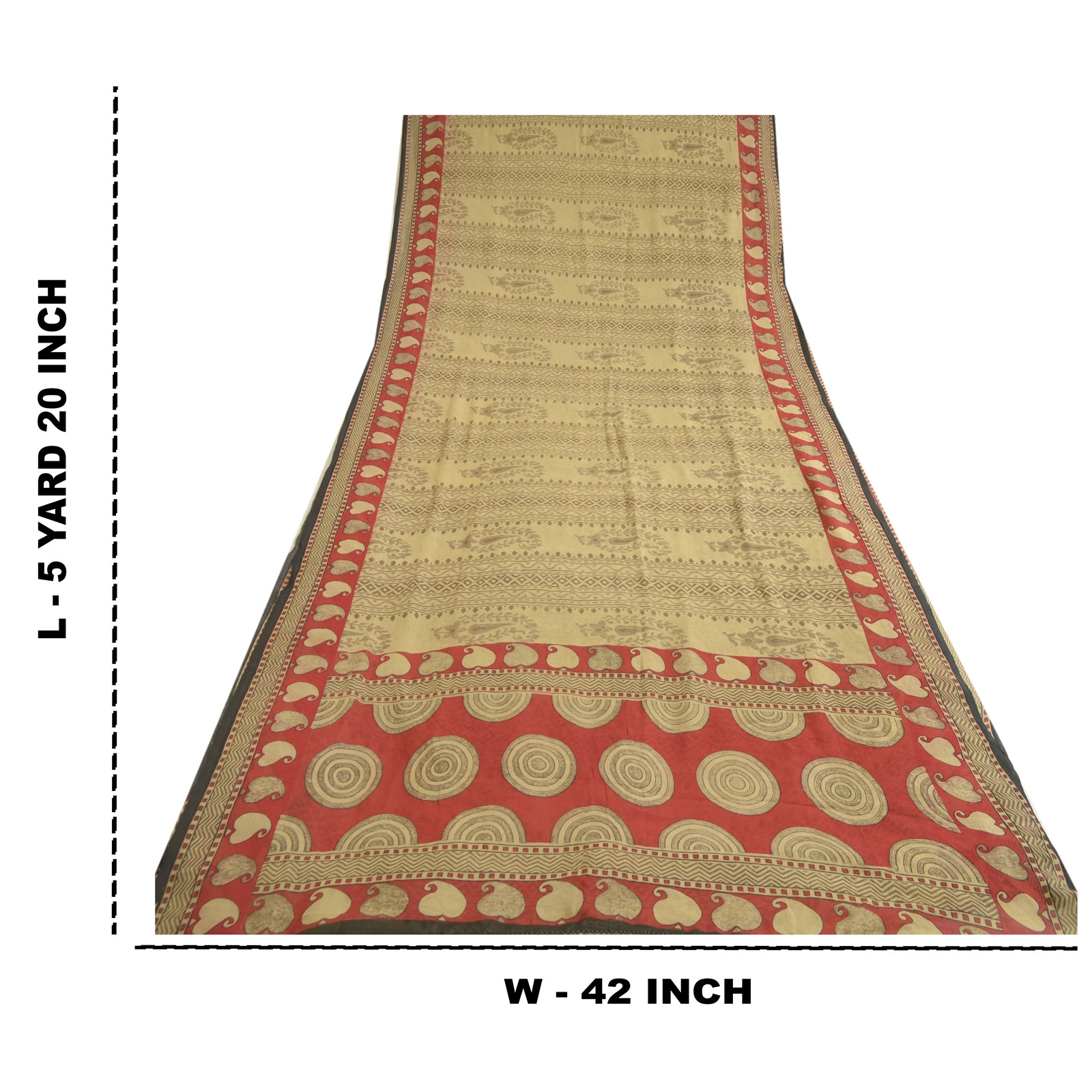 Sanskriti Vintage Sarees Cream/Red Pure Chiffon Silk Printed Sari Craft Fabric