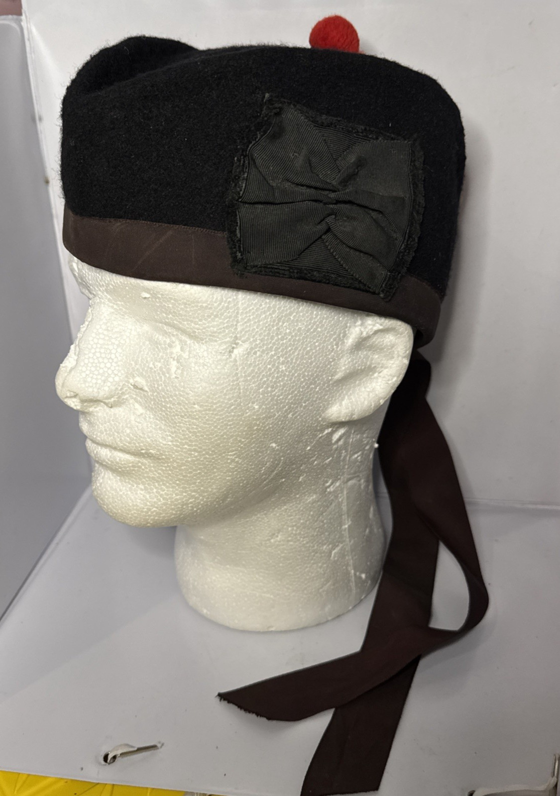 Scottish Piper Glengarry Hat WOOL Military Cap w/ Red Pom Pom Size 7 3/8
