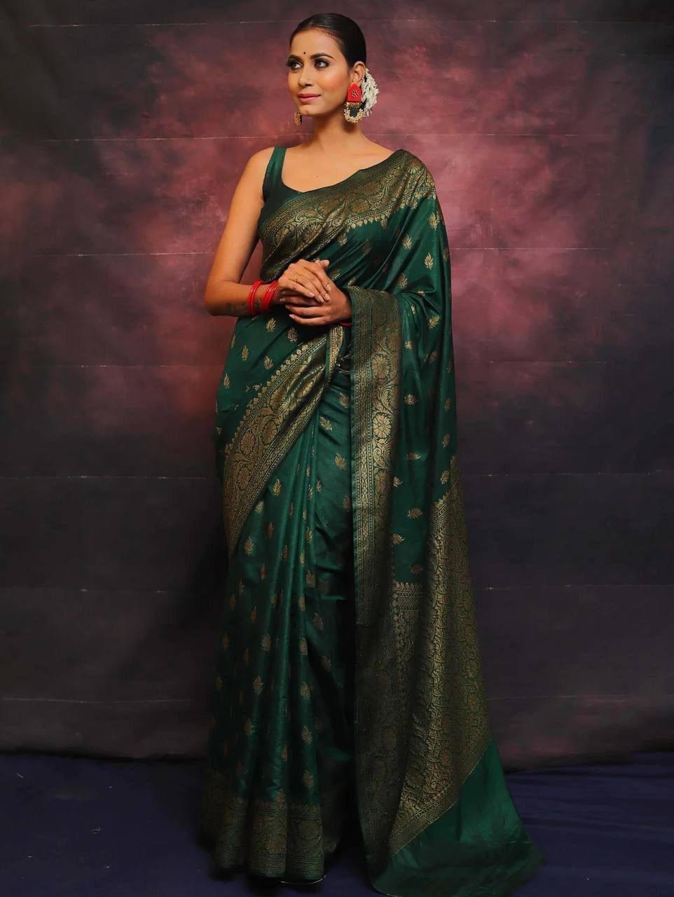 Wedding Wear Green Lichi Silk Saree with Golden Jacquard Pallu & Blouse indian