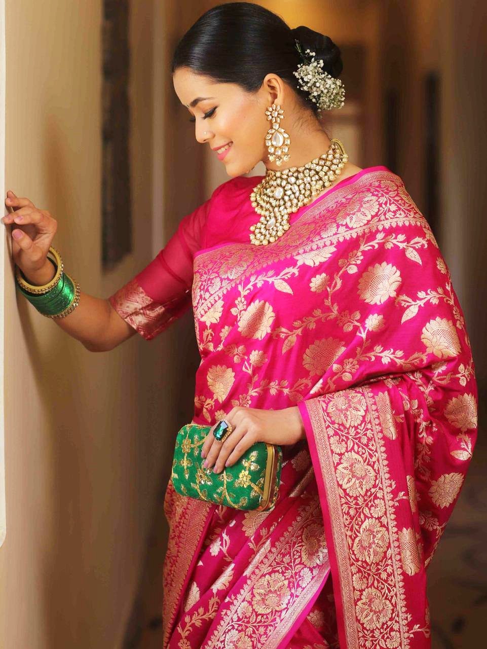 Indian Wedding Saree Soft Silk Jacquard Bridal Wear Saree with Brocade Blouse