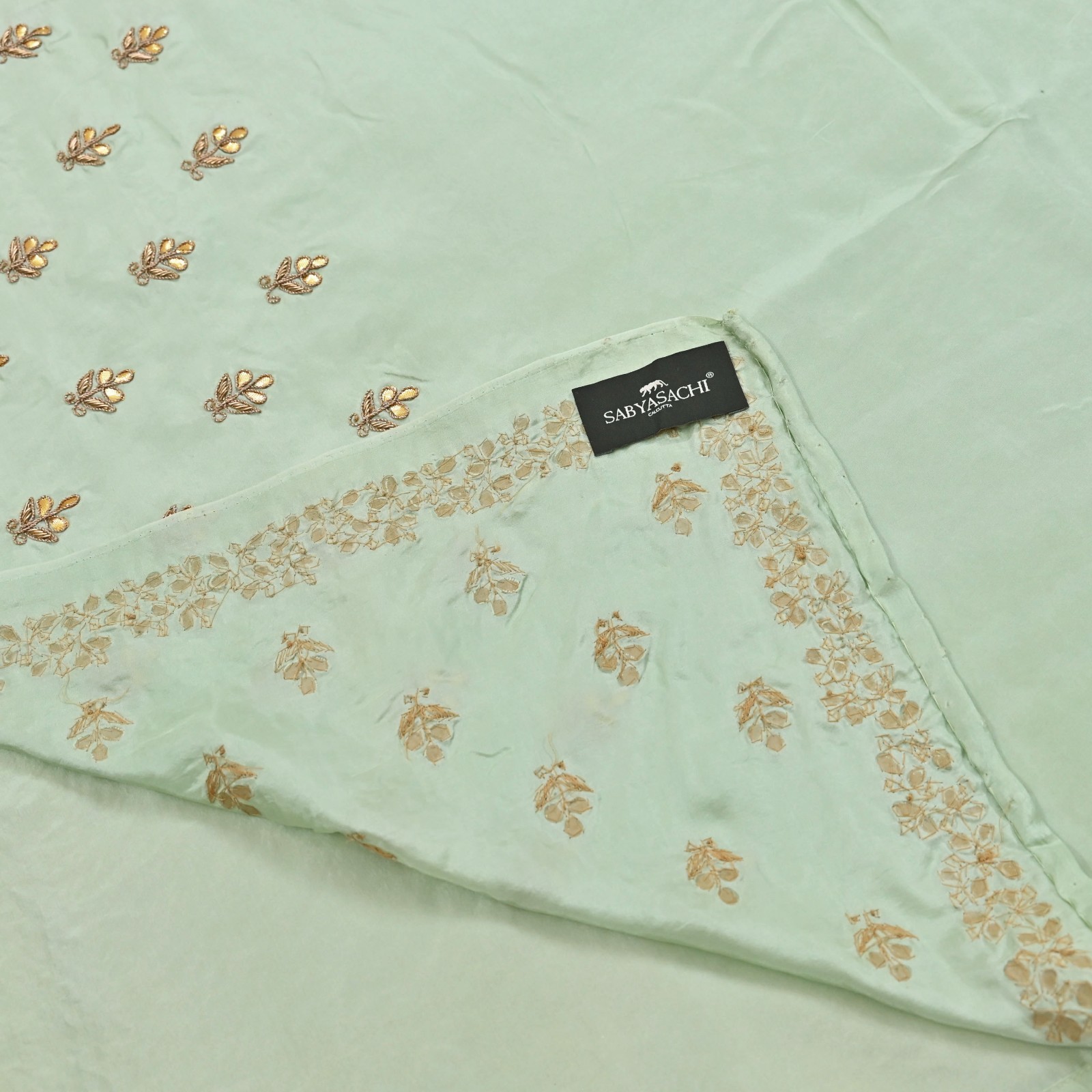 Rare Vintage Pista Green Pure Silk Zardozi Gota Hand Embroidered Designer Saree