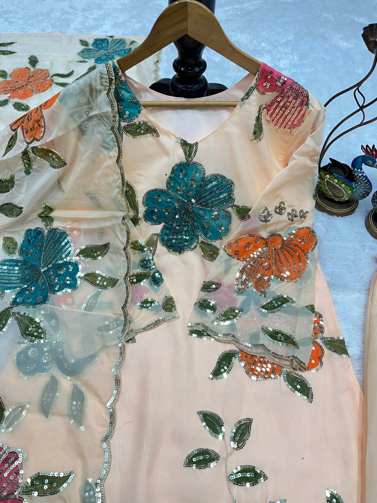 Peach Soft Tabby Organza Top Palazzo With Dupatta For Indian Festival Wear