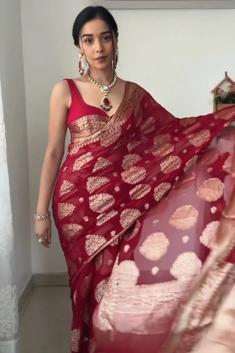 Women’s Dark Red Ready to Wear Cotton Silk Saree With Unstitched Blouse Piece