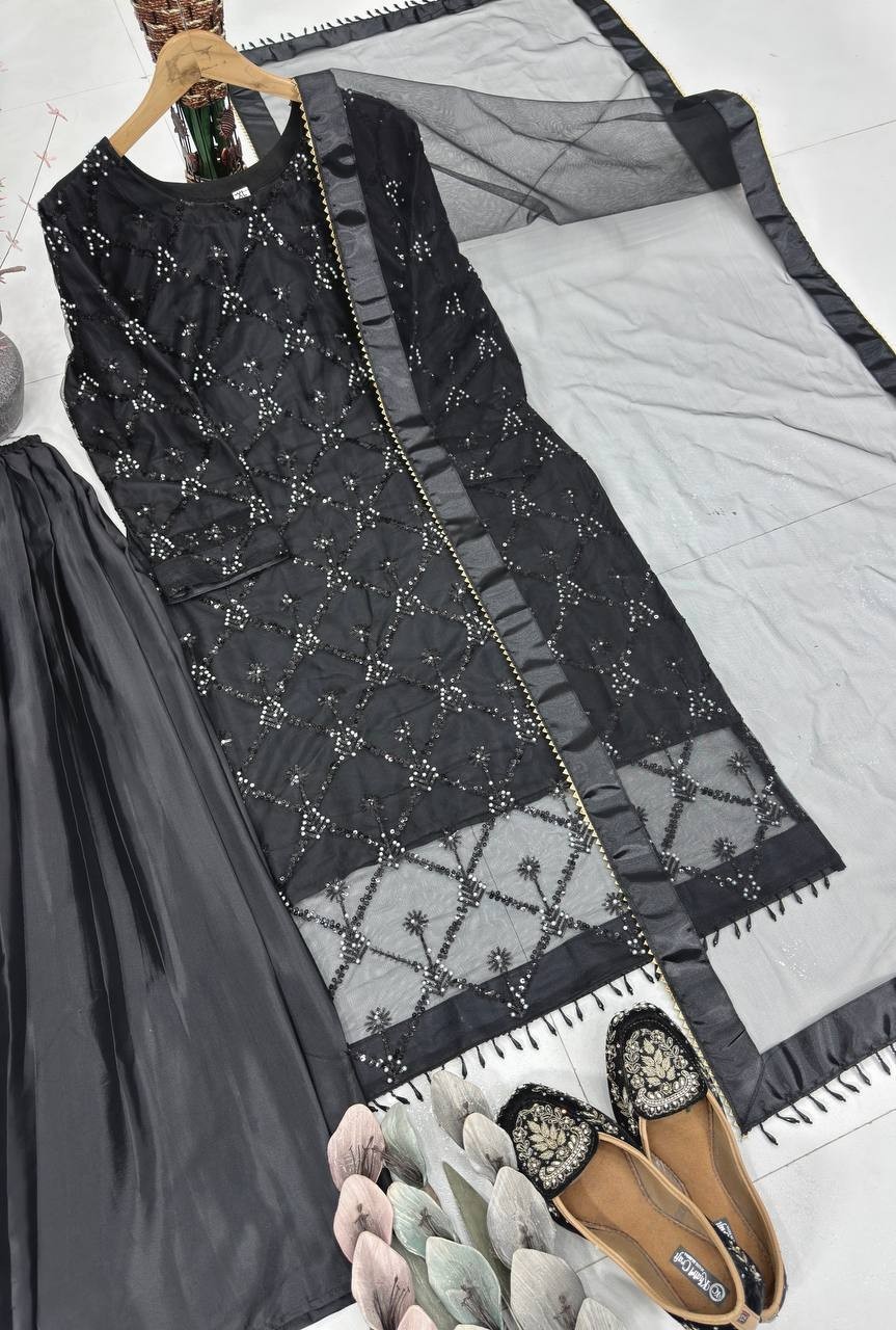 New Designer Heavy Soft Net Black Top Palazzo With Dupatta For Function Wear