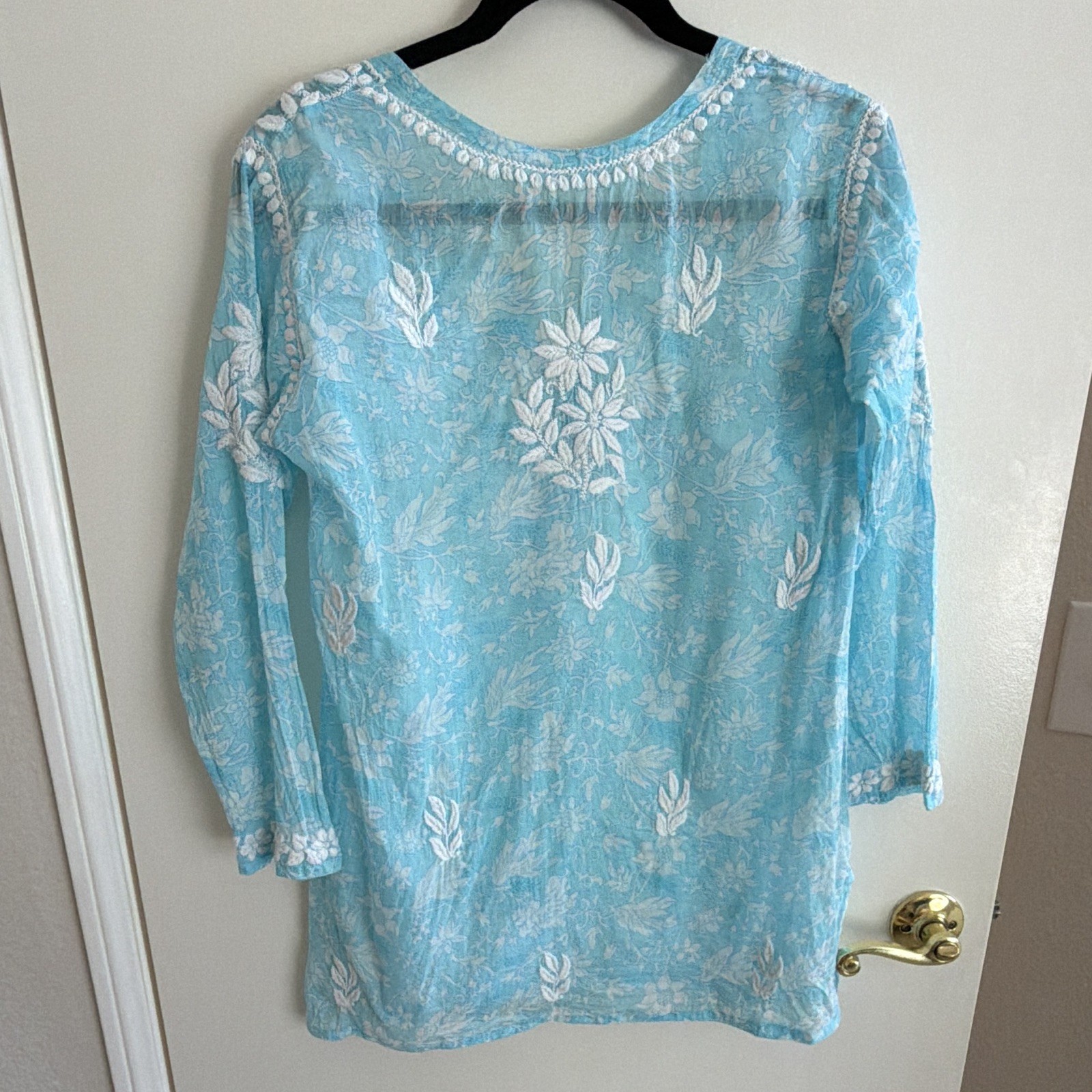 Women’s Blue & White Embroidered Kurti Kurta Tunic V-Neck 3/4 Sleeve 38