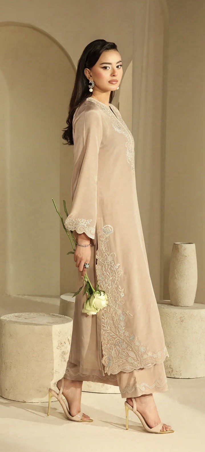 Beige Embroidered Raw Silk Pakistani Formal Outfit for Women