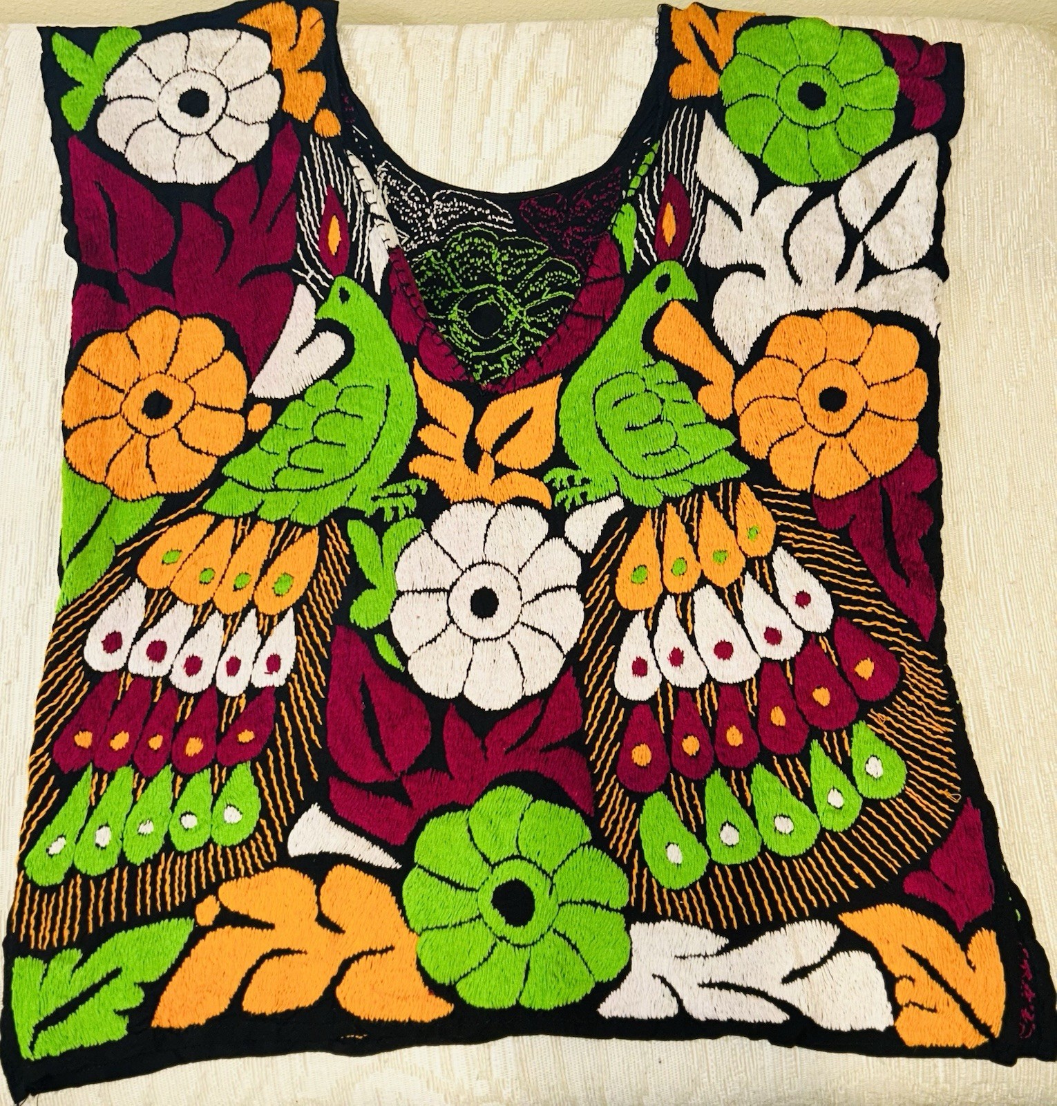 Handmade Mexican Jalapa Blouse Huipil Hand Embroidered Peacock Floral Oaxaca Top