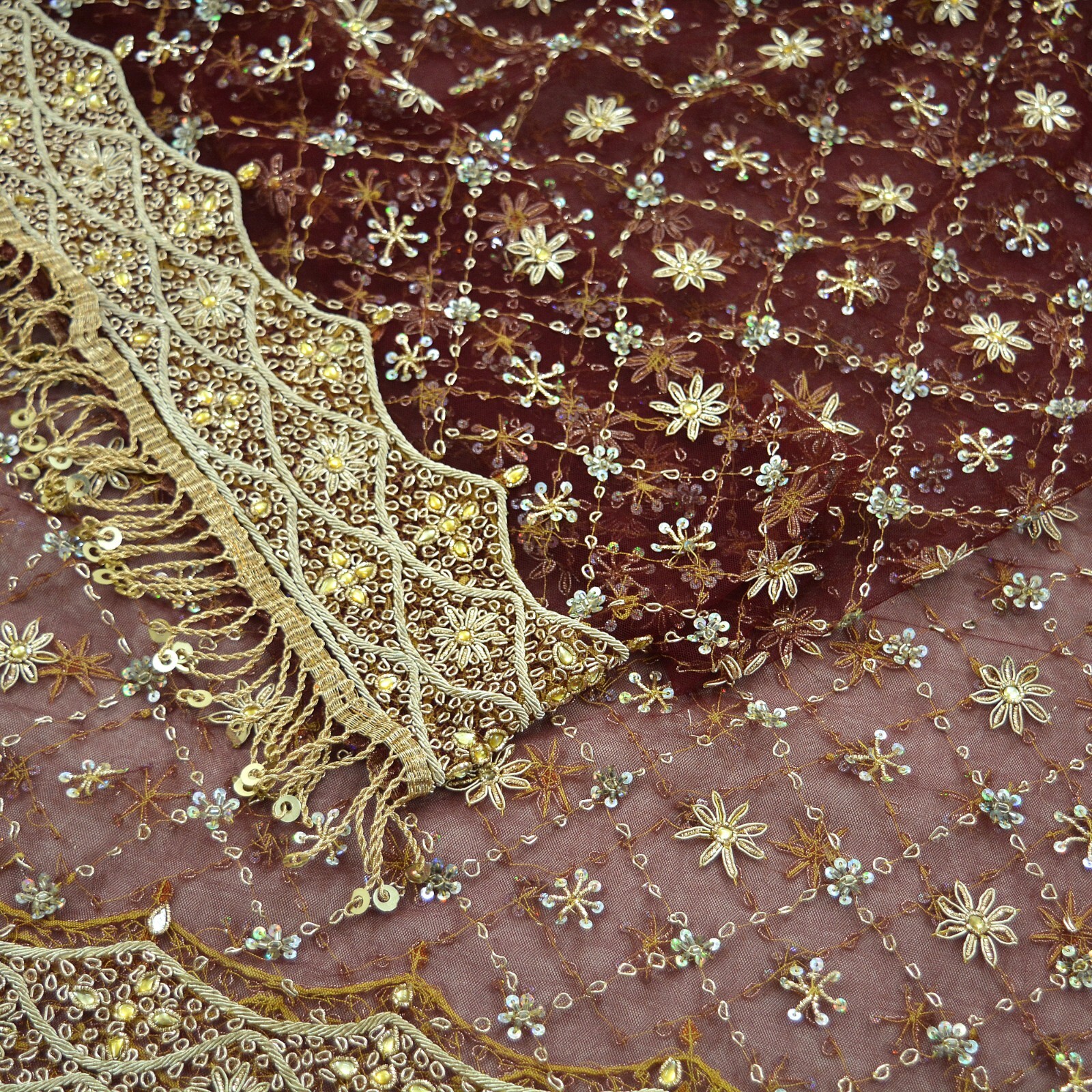 Indian Vintage Heavy Maroon Dupatta Net Mesh Long Stole Hand Embroidered Scarves