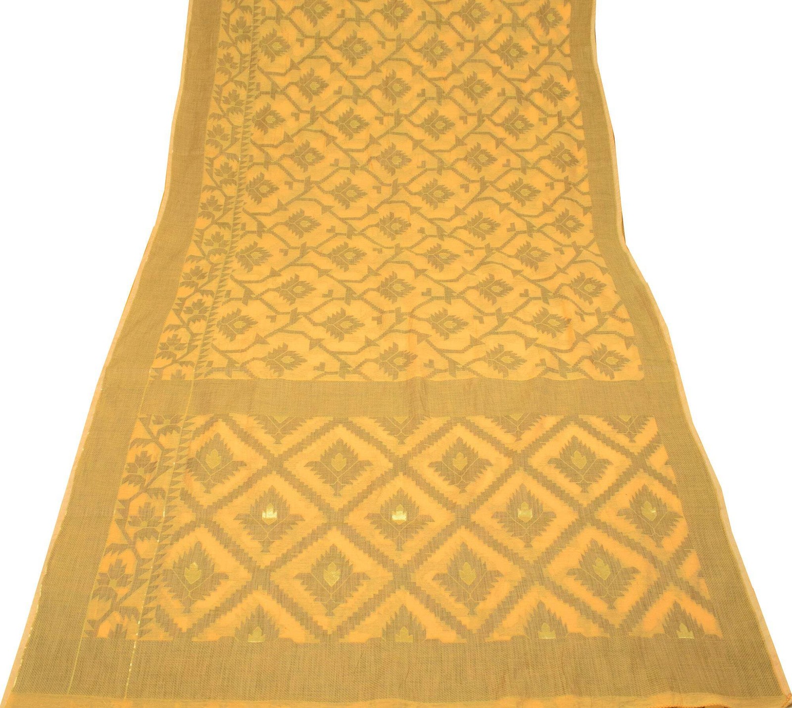 Sushila Vintage Dhakai Jamdani Saree Art Cotton Silk Yellow Woven Sari Fabric