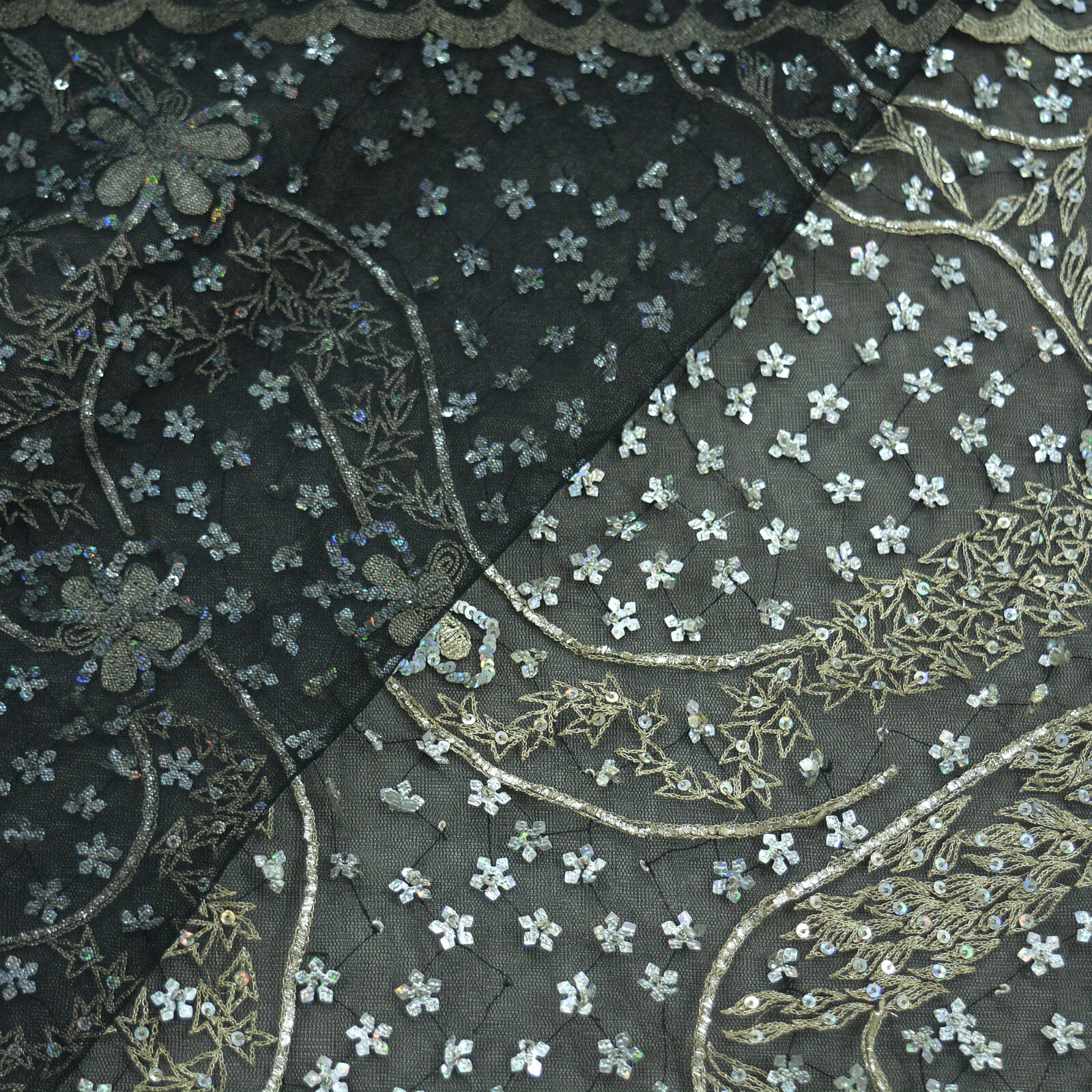 Indian Vintage Black Sarees Net/Mesh Hand Embroidered Sari Fabric 5Yd Ethnic