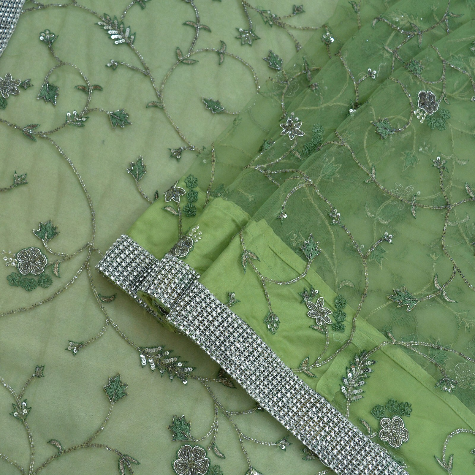 Vintage Heavy Saree Green Net/Mesh Hand Embroidered Sari Fabric 5Yd Sewing Dabka