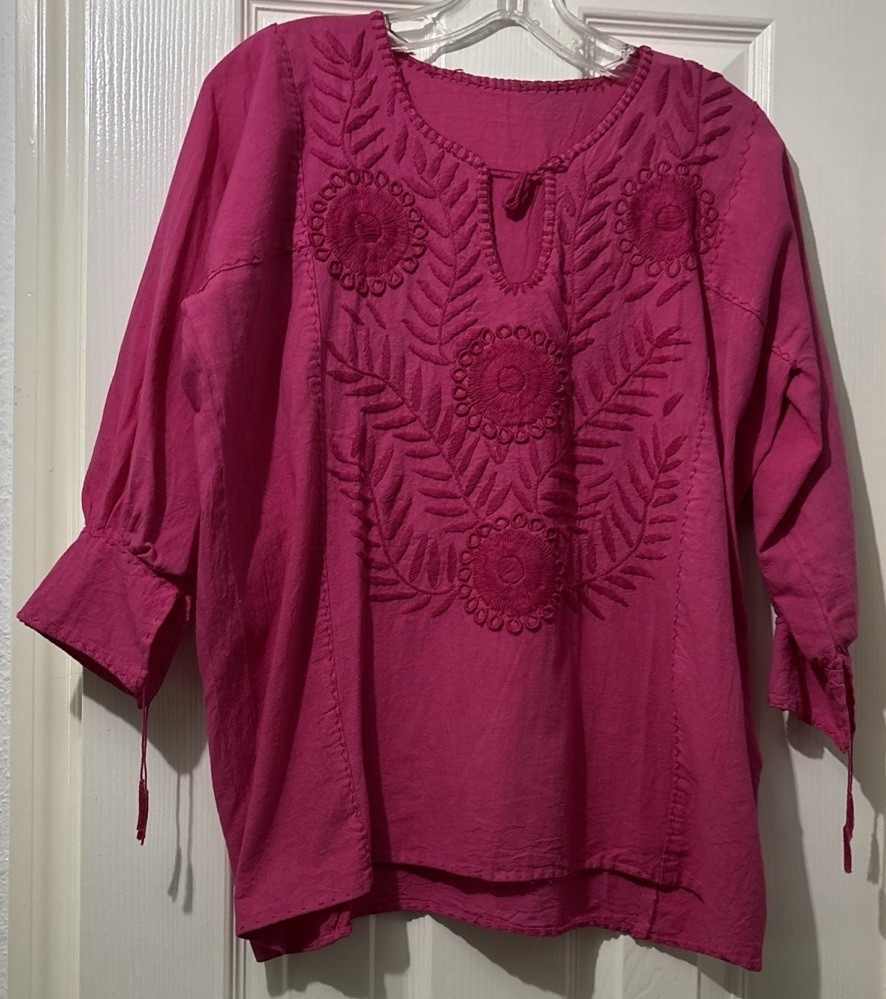 Pink Chikankari Kurti Top Size Medium? Handmade Embroidered Boho Hippie Flowers