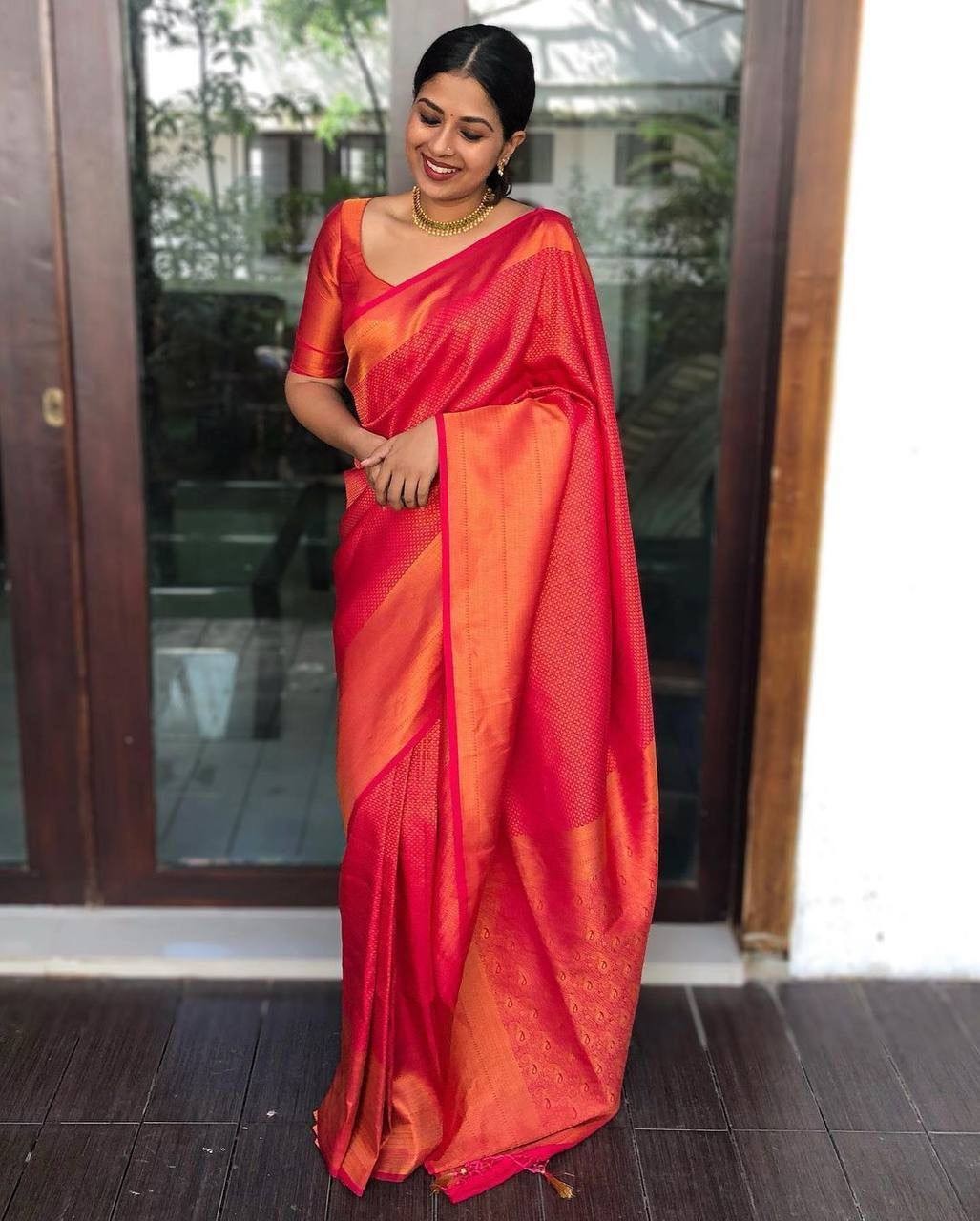 Soft Lichi Silk Saree Jacquard Woven Contrast Blouse Indian Wedding Sari