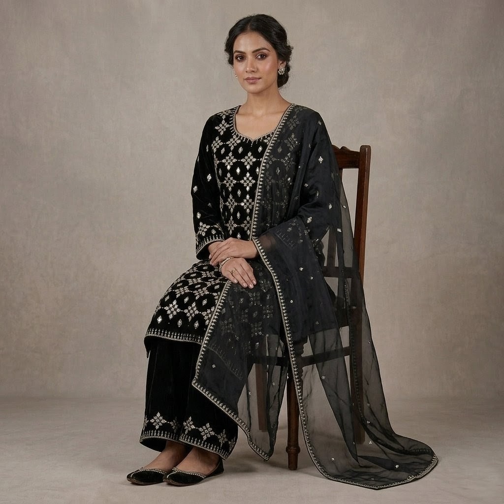 Black Organza Hand Embroidered Pakistani Salwar Kameez Suit Set for Women |…