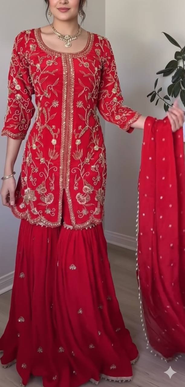 Heavy Faux Georgette Red Top Palazzo With Dupatta For Indian Function Wear