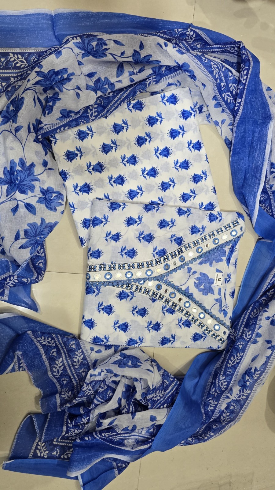 Beautiful blue Hand Printed cotton Kurta with Pant and Dupatta set, Mother’s Day