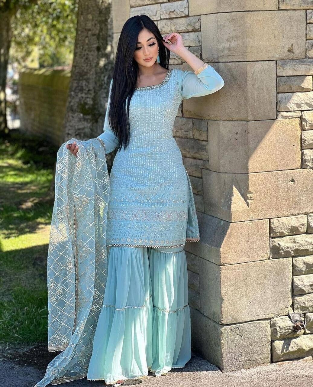 Stylish Faux Georgette Palazzo Suit And Sky Blue Dupatta For Indian Functional